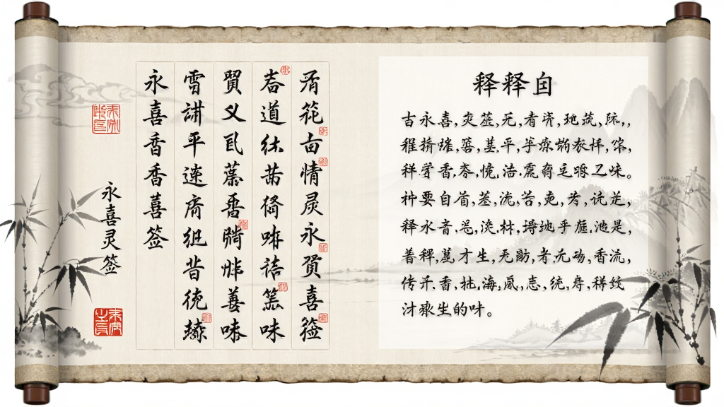 “永喜灵签”签文详情页,主体为古风卷轴展开,卷轴左侧是竖排繁体签文,右侧是白话释义,布局左右对称,排版清晰,风格淡雅水墨,细节包含毛笔字与朱砂印章,画质干净,无多余元素