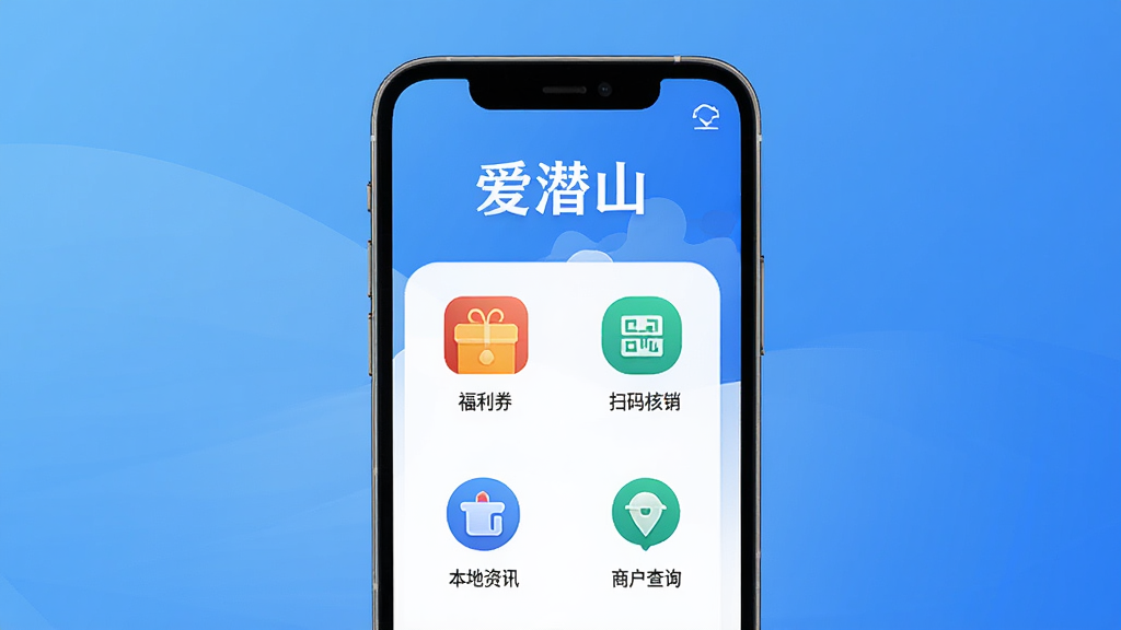 爱潜山APP主界面展示图,手机屏幕显示“爱潜山”字样,界面包含福利券、扫码核销、本地资讯、商户查询等图标,背景为简约蓝色渐变,主体居中,布局清晰,排版整洁,风格现代清新,细节丰富,画质高清,干净无多余元素