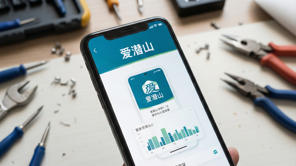 爱潜山手机操作与安装教程示意图,手机屏幕显示“爱潜山”安装页面,背景为工具桌面,主体为手机特写,布局清晰,风格写实,细节丰富,画质高清,干净无多余元素