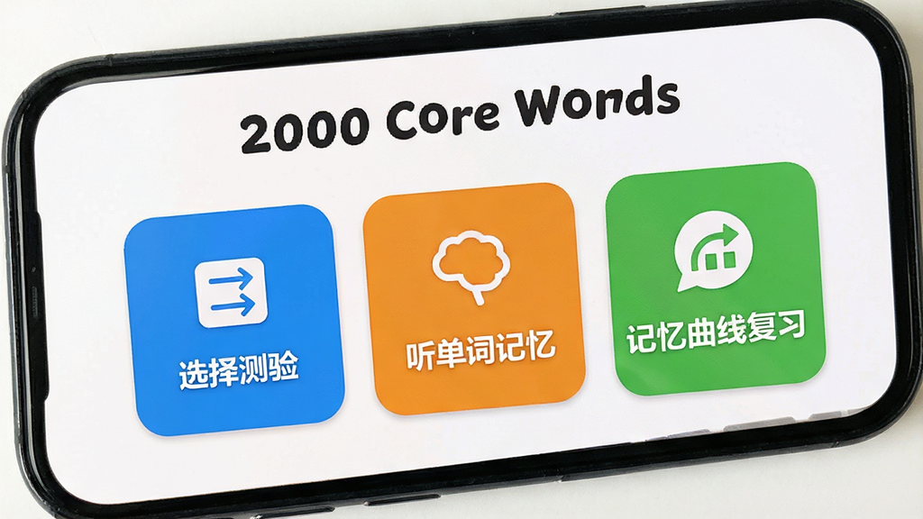 手机屏幕展示“2000 Core Words”的复习模式选择界面,界面上有三个彩色按钮,分别标注“选择测验”、“听单词记忆”、“记忆曲线复习”,背景为白色,按钮色彩鲜艳,图标简洁,整体风格清新活泼,高清画质,干净无多余元素