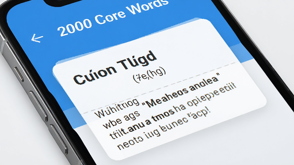一张智能手机屏幕特写,屏幕上显示“2000 Core Words”应用界面,界面以蓝色为主色调,中央展示一个单词卡片,包含单词、音标和例句,背景为干净的浅灰色,整体风格简洁现代,高清画质,干净无多余元素