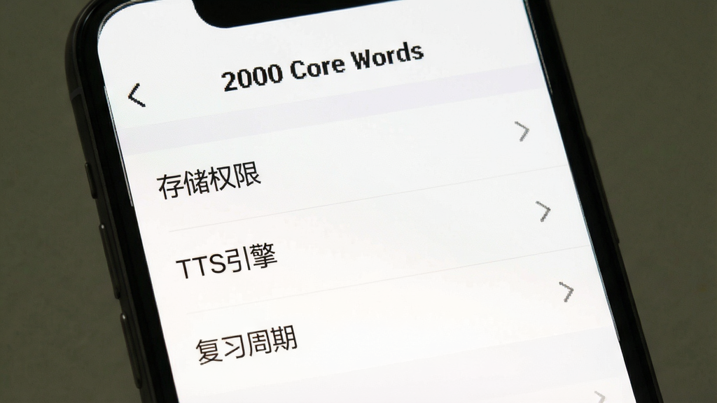 一张手机屏幕截图,显示“2000 Core Words”的设置页面,页面上有“存储权限”、“TTS引擎”、“复习周期”等选项,背景为白色,列表清晰,风格简洁,高清画质,干净无多余元素