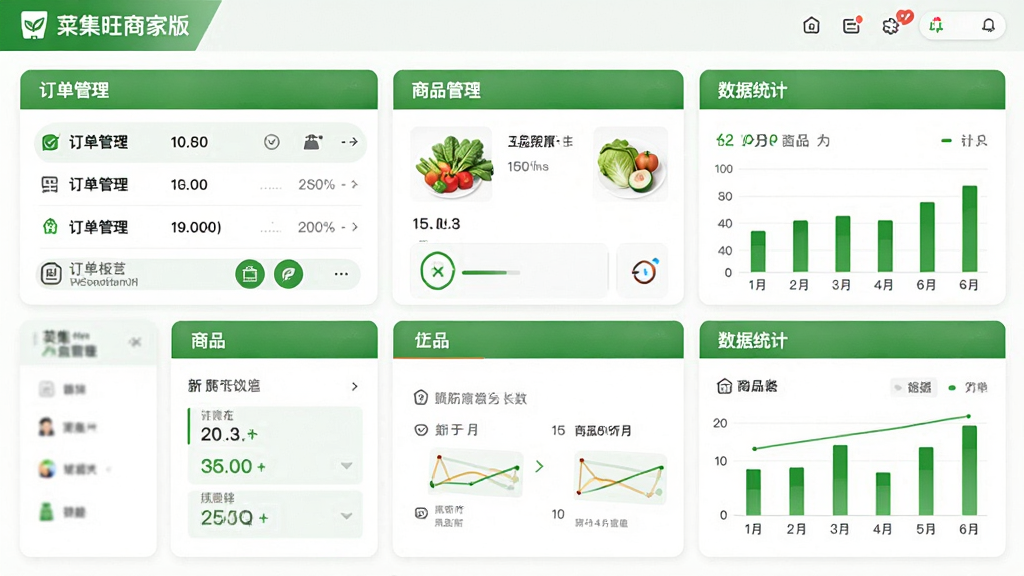 菜集旺商家版的主界面预览图,展示清晰的功能分区,包括订单管理、商品管理、数据统计等核心模块,布局简洁明快,色彩以绿色为主色调,突出生鲜行业属性,整体风格干净清爽,画质高清,无多余元素