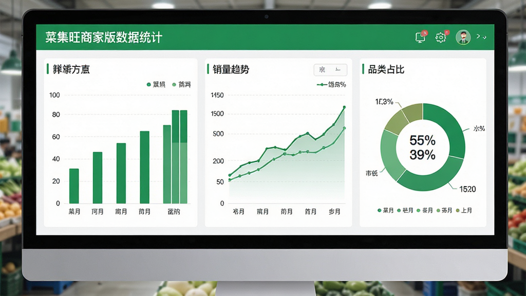 展示菜集旺商家版数据统计功能的图表界面,包含柱状图、折线图展示销量趋势,圆环图展示品类占比,数字大而清晰,界面风格简洁专业,绿色主调,画质高清,无多余元素