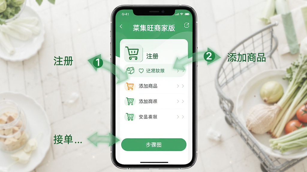 菜集旺商家版使用教程的步骤图,画面以手机界面为背景,标注了注册、添加商品、接单等关键步骤的序号箭头,风格简洁明了,绿色主调,画质高清,无多余元素