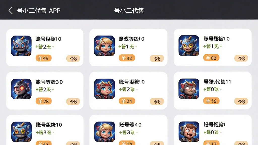 画面主体为“号小二代售”APP的账号列表页面,屏幕上展示多款游戏的账号卡片,每张卡片上显示游戏图标、账号名称、等级数字、价格标签等文字信息,背景为浅灰色,卡片整齐排列,布局呈网格状,排版清晰,风格简洁商务,细节上突出卡片之间的间距和圆角设计,画质干净无多余元素。