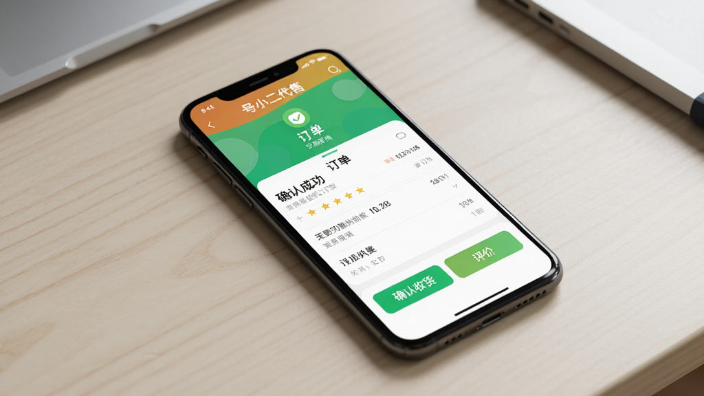 画面主体为一部手机正在运行“号小二代售”APP,屏幕显示交易成功后的订单详情页,有“确认收货”、“评价”按钮,背景为桌面,手机略微倾斜,布局居中,排版简洁,风格写实,细节上突出手机屏幕上的彩色界面与周围环境的对比,画质高清,干净无多余元素。