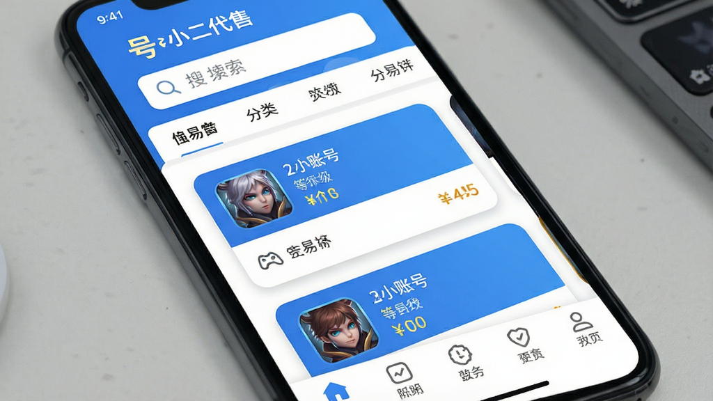 画面主体为一部智能手机屏幕,屏幕中显示“号小二代售”APP的交易主界面,上方有搜索栏和分类标签,中部是游戏账号卡片列表,卡片上展示游戏头像、等级、价格等文字信息,下方有底部导航栏。整体布局清晰,排版整洁,采用扁平化设计风格,以蓝白为主色调,细节上突出账号卡片的圆角和阴影效果,画质高清,干净无多余元素。