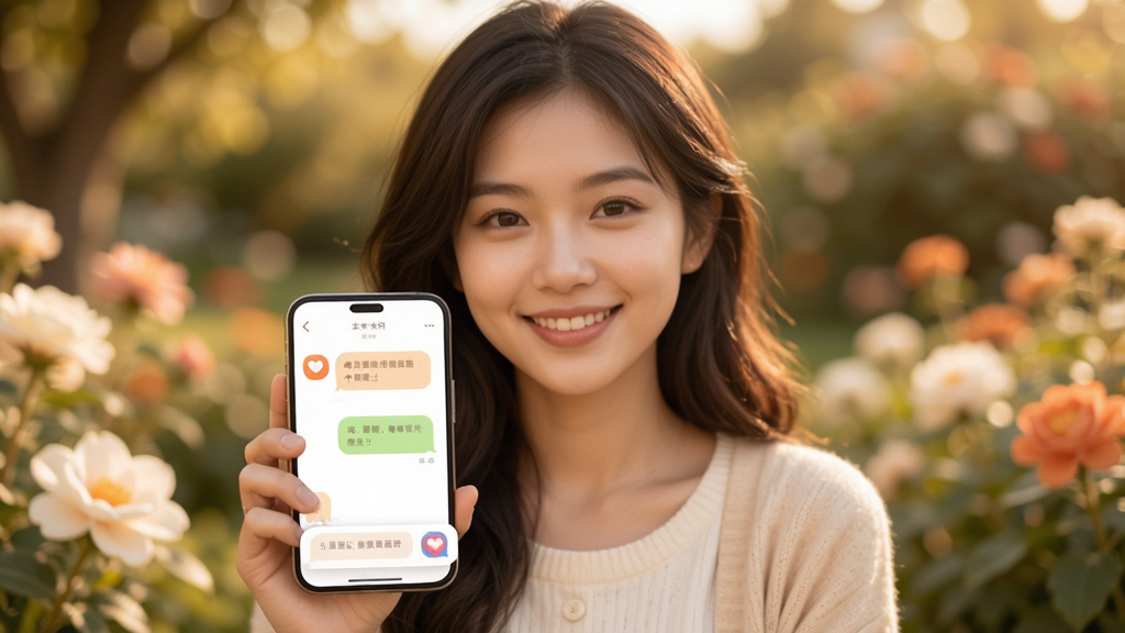 暖识APP主界面预览图,画面中央是一位微笑着的年轻女性用户,手持手机,界面显示暖识的聊天对话框,背景是模糊的暖色调花园,整体布局简洁,排版采用圆润卡片式设计,风格温馨治愈,细节包括精致的消息气泡和爱心图标,画质高清,干净无多余元素