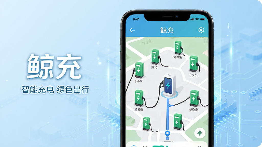 主体为一部智能手机屏幕占据画面中心,屏幕内清晰展示“鲸充”APP的充电站地图界面,绿色充电桩图标点缀其间。布局采用手机产品图与周围浅蓝色科技感背景相融合,左侧配以“鲸充”品牌字样及“智能充电 绿色出行”标语。整体排版简洁大气,风格偏向现代科技与环保融合,细节上突出地图导航与充电桩元素,画质高清,干净无多余元素。