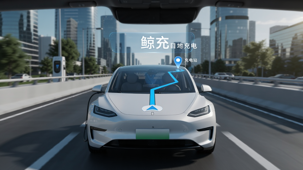 主体是一辆白色电动汽车行驶在城市道路上,车前方悬浮一个全息投影的“鲸充”导航路线图,清晰显示目的地充电站位置。整体布局采用前方视角,突出导航指引与实景融合,风格偏向未来科技感,细节丰富,画质高清,干净无多余元素。