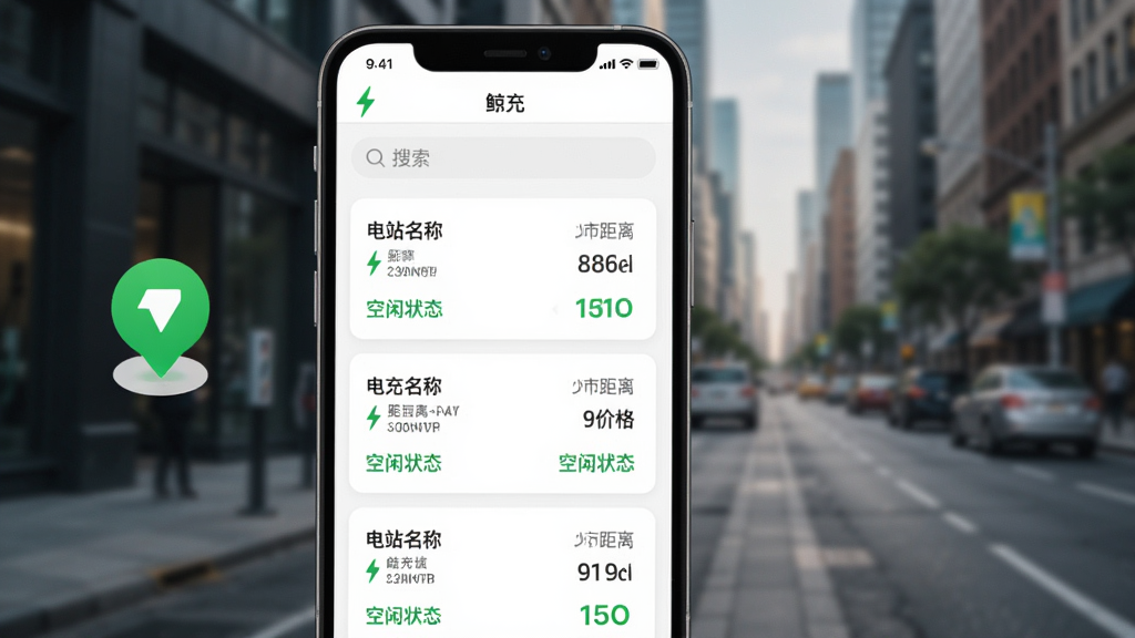 画面主体为手机端“鲸充”APP的电站列表页面,顶部有搜索框,下方以卡片形式排列多个电站信息,每张卡片显示电站名称、距离、价格和空闲状态。右侧背景为模糊的城市街道,左侧悬浮一个绿色定位图标。排版清晰,风格简洁明快,突出信息易读性,画质干净,无多余元素。