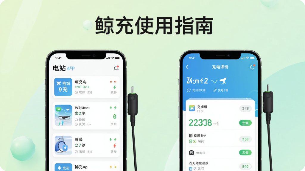 主体为两部智能手机并排展示鲸充APP界面,左侧手机显示电站列表,右侧手机显示充电详情页面。布局采用对称结构,背景为淡绿色渐变,上方有“鲸充使用指南”字样。风格简洁清晰,突出功能展示,画质高清,无多余元素。