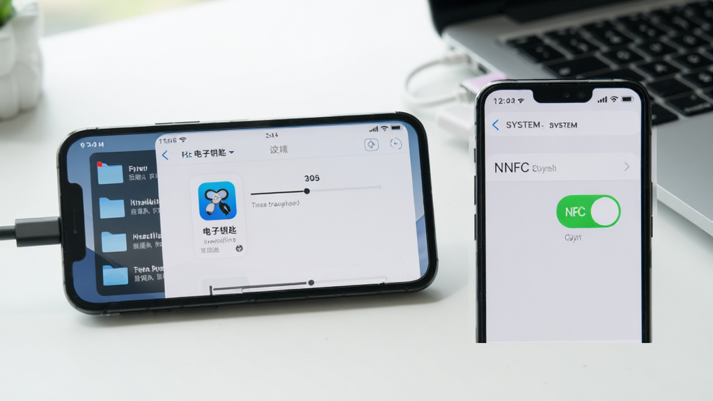 手机连接电脑并打开文件管理界面,屏幕上显示“电子钥匙”APP的安装包文件正在传输,旁边有手机系统设置中NFC开关已开启的截图,桌面整洁,光线明亮,画质清晰