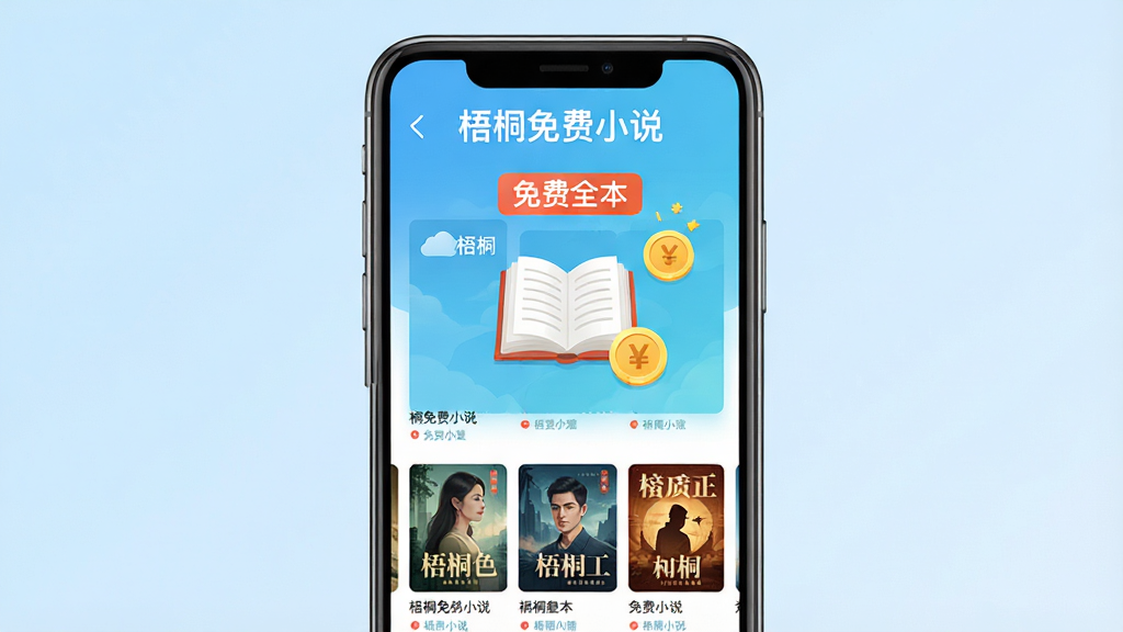 主体:智能手机屏幕展示梧桐免费小说APP界面,上方显示“梧桐免费小说”字样,下方排列各种小说封面缩略图。布局:手机居中,背景为淡蓝色渐变,手机屏幕内容清晰可见。排版:界面简洁,列表式排列,突出“免费全本”标签。风格:现代扁平化,色彩明快。细节:屏幕中有一本打开的书和金币图标,暗示阅读赚钱。画质:高清,干净,无多余元素。