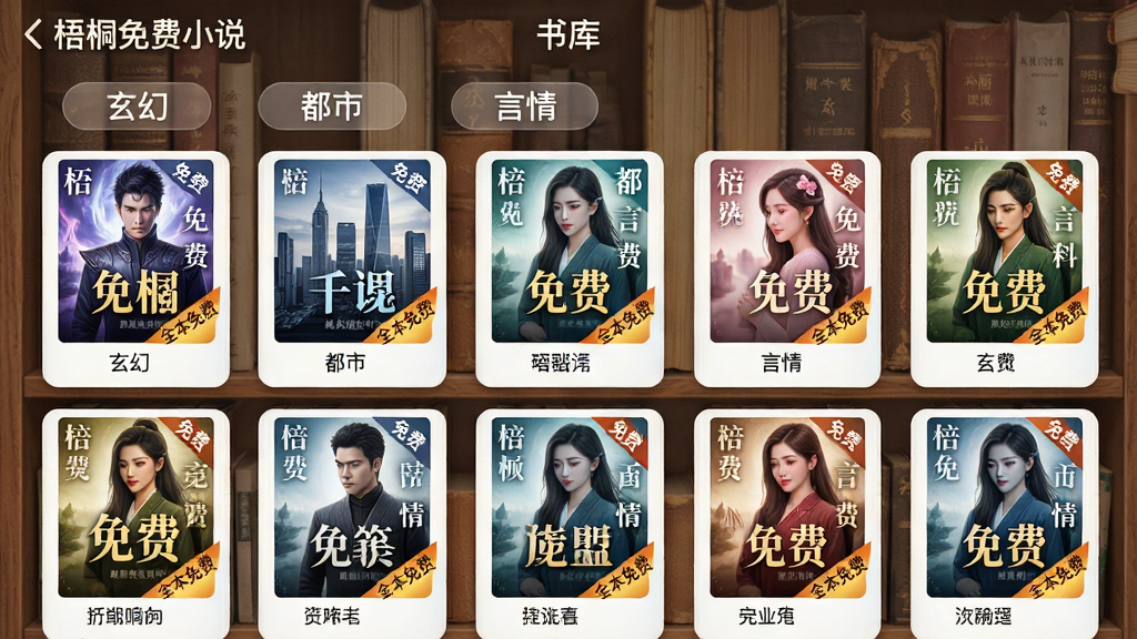 主体:梧桐免费小说APP的“书库”页面,展示多本小说封面,分类标签如“玄幻”、“都市”、“言情”横向排列。布局:书架式网格布局,每本书封面下方显示书名和“全本免费”角标。排版:整齐的卡片式设计,色彩缤纷。风格:清新明快。细节:书架背景融入书籍纹理,封面带有“免费”字样。画质:高清,干净,无多余元素。