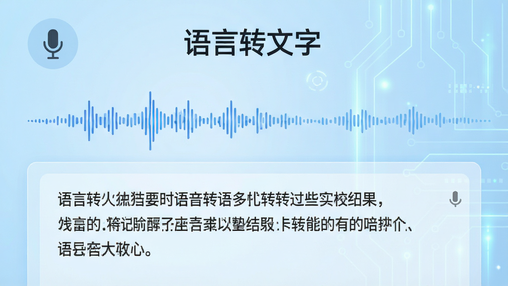 语言转文字软件主界面,展示实时语音转写功能,顶部有麦克风图标和“语言转文字”字样,下方为波形动画和转写文字结果,背景浅蓝色科技感,干净简约,高画质