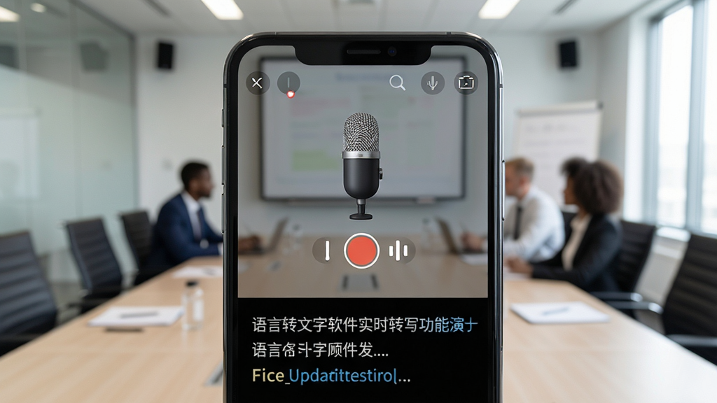 语言转文字软件实时转写功能演示,手机屏幕上显示麦克风录音界面,下方文字流式出现,背景为会议室场景,画质清晰,构图居中,风格写实,干净无杂物
