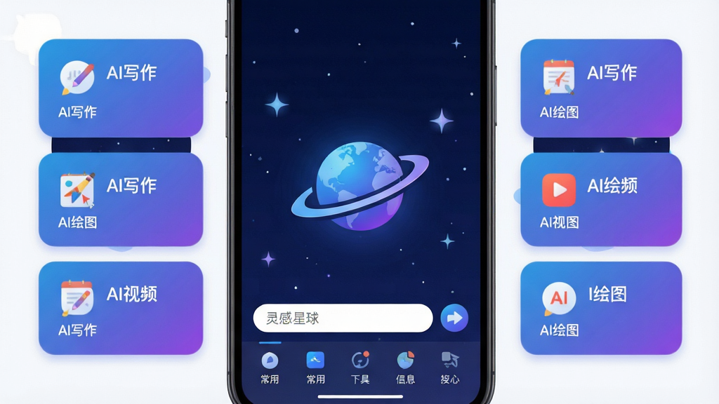 主体:灵感星球应用主界面,手机屏幕展示AI对话、AI写作、AI绘图等多个功能图标,中心有星球形状的logo,背景为深蓝色星空。布局:中央logo突出,四周功能卡片环绕,下方有输入框和常用工具栏。排版:简洁现代,卡片式布局,图标下方配文字标签。风格:科技感、未来感、扁平化设计,色彩以蓝紫渐变为主。细节:屏幕上有“AI写作”、“AI绘图”、“AI视频”等字样,背景有星光点缀,整体干净通透。画质:8K超高清,细节丰富,色彩鲜艳,干净无多余元素。