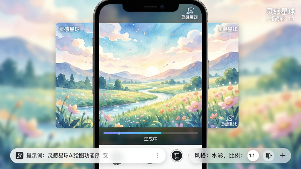 主体:灵感星球AI绘图功能预览,手机屏幕展示一幅生成的风景插画,风格为动漫水彩,下方有“生成中”进度条。布局:图片占据大部分屏幕,底部有提示词输入框和风格选项。排版:全屏展示作品,简洁浮层按钮。风格:梦幻、清新、色彩柔和。细节:画面上有“灵感星球”小字水印,生成参数显示“风格:水彩,比例:1:1”。画质:超高清,笔触细腻,色彩过渡自然,干净无多余元素。