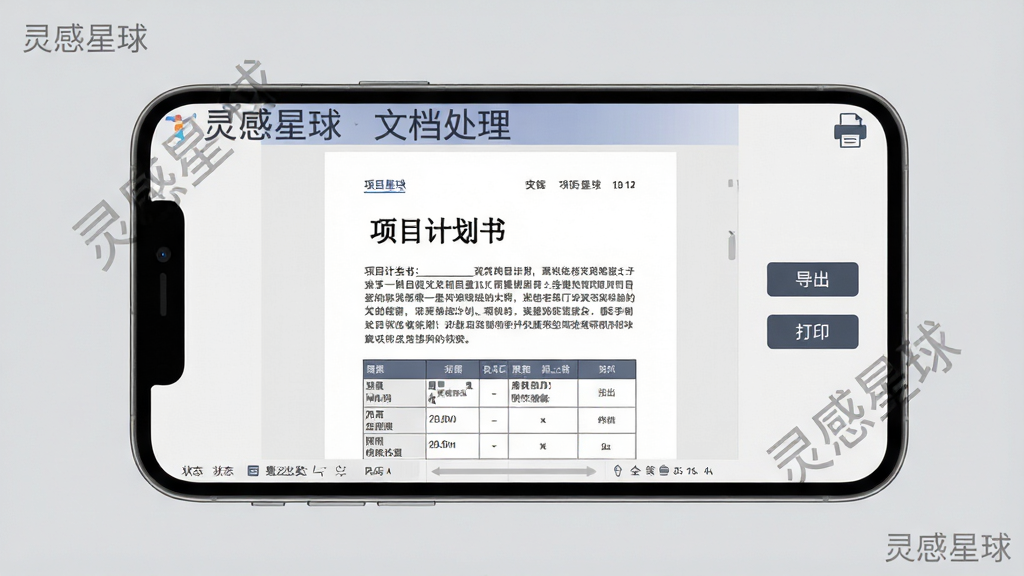 主体:灵感星球文档处理界面,手机屏幕展示一份Word文档,包含标题、正文、表格,右侧有“导出”“打印”按钮。布局:文档居中显示,上方为菜单栏,下方为状态栏。排版:类似Office风格,段落清晰,有页码和页眉。风格:商务办公,浅灰底色,深色文字。细节:屏幕角落有“灵感星球”水印,文档内容为“项目计划书”,表格样式规整。画质:高清渲染,文字可读性高,干净无多余元素。