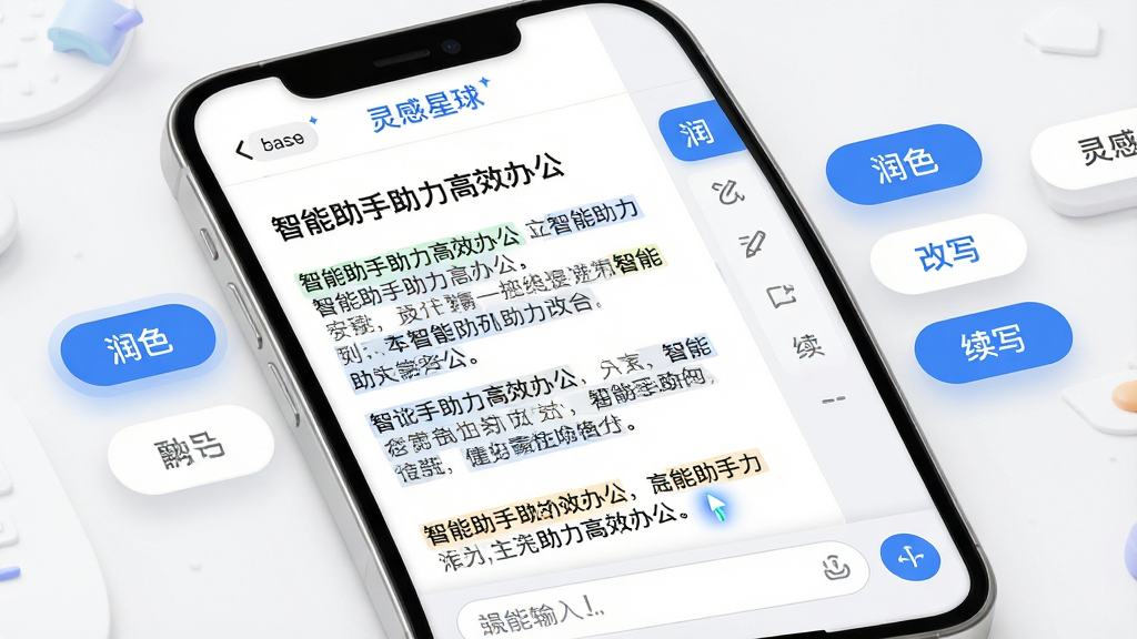 主体:灵感星球AI写作功能界面,手机屏幕显示一篇生成的文章草稿,光标闪烁,周围有“润色”“改写”“续写”按钮。布局:左侧文章预览区,右侧工具栏,底部为输入框。排版:分栏式布局,文字清晰,按钮圆润。风格:商务简约,白底蓝字,清爽干净。细节:屏幕顶部有“灵感星球”字样,文章标题为“智能助手助力高效办公”,段落分明,有高亮关键词。画质:超清渲染,文字锐利,色彩柔和,干净无多余元素。