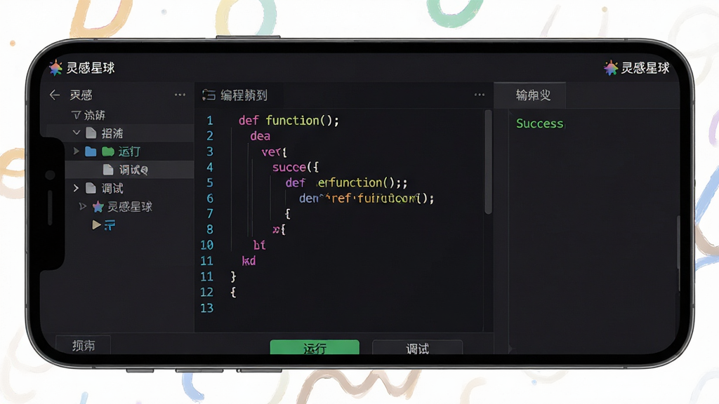 主体:灵感星球AI编程功能界面,手机屏幕展示一段Python代码,高亮语法,下方有“运行”“调试”按钮。布局:代码区居中,左侧有文件树,右侧有输出面板。排版:代码缩进清晰,行号显示。风格:开发者风格,深色主题,彩色代码。细节:屏幕角落有“灵感星球”小字,代码为“def function():”,输出面板显示“Success”。画质:超清,代码清晰,干净无多余元素。