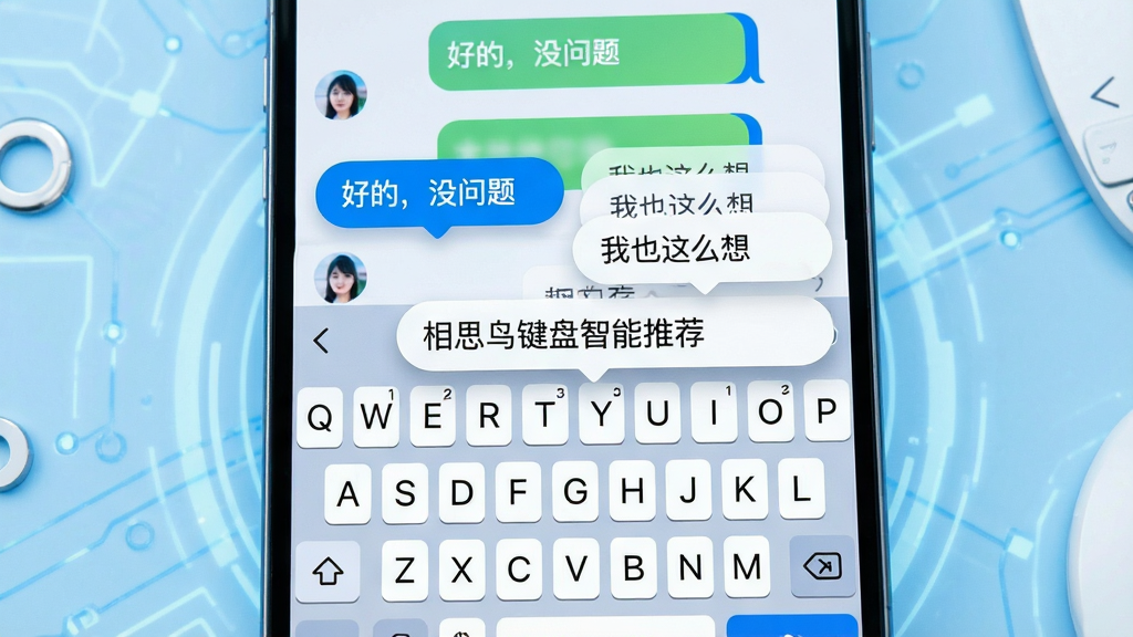 主体:手机屏幕显示聊天界面,键盘上方弹出多个智能回复建议,如“好的,没问题”、“我也这么想”,背景为浅蓝色科技感界面。布局:手机居中,键盘和推荐条占画面70%,突出智能推荐功能。排版:简洁清晰,推荐条采用圆角卡片式设计。风格:现代科技风,色彩以蓝白为主,细节丰富。画质:高清,干净无多余元素,文字显示“相思鸟键盘智能推荐”。