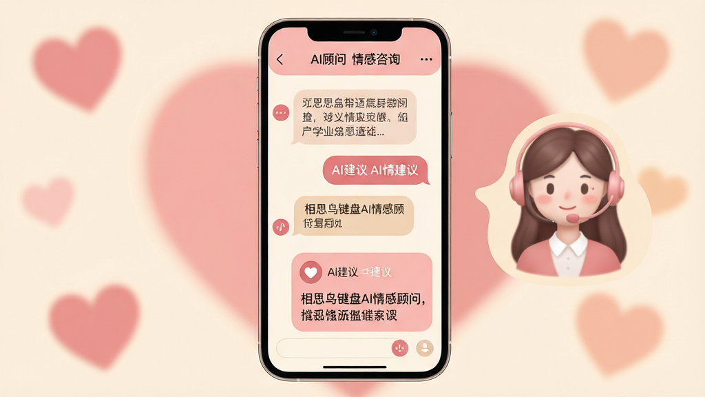 主体:手机屏幕显示情感咨询对话,AI顾问给出回复建议,背景为柔和的心形图案和温暖色调。布局:手机居中,对话气泡和AI建议框占画面主要位置,情感顾问形象以虚拟助手呈现。排版:柔和圆角,色彩温馨。风格:温暖治愈风,粉色与米色为主,细节丰富。画质:高清,干净无多余元素,文字显示“相思鸟键盘AI情感顾问”。