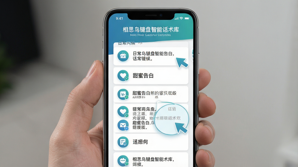 主体:手机屏幕展示话术库界面,分类列表包括“日常问候”、“甜蜜告白”等,点击可预览话术。布局:手机居中,话术列表占画面70%,采用卡片式布局。排版:清晰分类,图标精美。风格:简洁商务风,蓝绿色调。画质:高清,干净无多余元素,文字显示“相思鸟键盘智能话术库”。