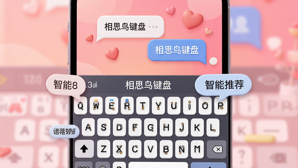 主体:一款名为“相思鸟键盘”的AI辅助键盘应用界面,展示在智能手机屏幕上,键盘区域带有智能推荐话术气泡,背景为温馨浪漫的粉色渐变,主体突出手机和键盘。布局:手机居中,键盘特写占画面60%,上方有对话气泡和心形装饰。排版:简约现代,界面清晰,文字标签显示“相思鸟键盘”和“智能推荐”。风格:扁平化插画风格,结合3D渲染,色彩明亮柔和,细节精致。画质:高清晰度,干净无多余元素。