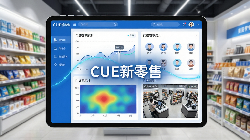 主体:CUE新零售软件界面展示在智能平板或手机上,屏幕中显示门店客流统计图表、热力图及视频监控画面。布局:中心突出软件名称“CUE新零售”,背景为现代零售门店场景,货架整齐,灯光明亮。排版:界面信息清晰,图表数据可视化,顾客头像以图标形式标注。风格:科技感与商务感结合,色调以蓝色和白色为主,干净明亮。细节:图表线条流畅,数据标签清晰,门店视频画面清晰可见。画质:高清渲染,干净,无多余元素。