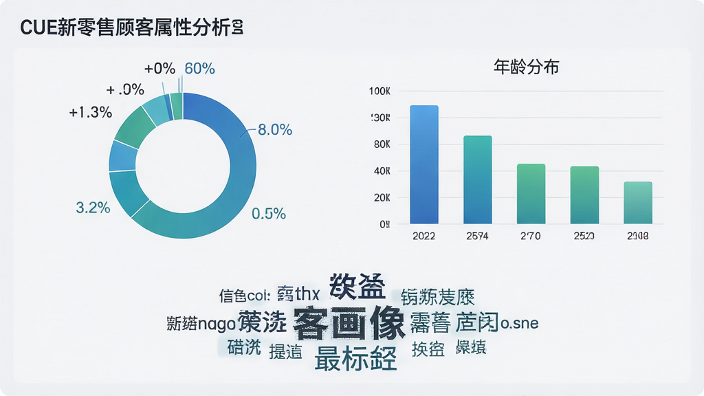 主体:CUE新零售顾客属性分析页面,左侧为性别占比环形图,右侧为年龄分布条形图,下方为顾客画像标签云。布局:对称式设计,图表居中,背景为柔和浅灰色。排版:图形清晰,标签云字体大小不一,重点突出。风格:简洁商务风,色调以蓝绿为主。细节:环形图百分比标注,条形图颜色渐变。画质:高清,干净,无多余元素。