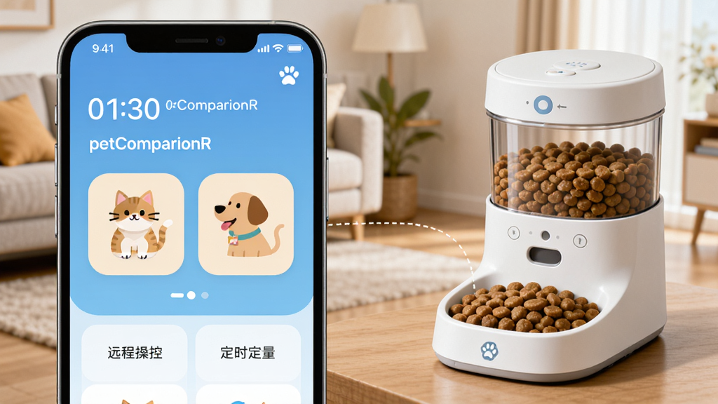 主体:一部智能手机屏幕正显示着petCompanionR的主界面,界面中有可爱的猫咪和狗狗图标,背景是温馨明亮的现代家居客厅一角,一台白色的智能喂食器清晰可见。 布局:手机作为视觉中心位于画面左侧三分之一处,右侧是宠物喂食器的实物展示,两者通过一条虚线连接表示远程操控,整体构图平衡。 排版:界面UI设计简洁,下方有“远程操控”、“定时定量”等清晰的文字标签。 风格:扁平化与写实结合的商业插画风格,色彩明快,色调温暖。 细节:手机屏幕上的时间与宠物用餐状态清晰可见,喂食器粮仓内可见颗粒分明的宠物粮,画面干净整洁。 画质:8K超高清,细节丰富,光影自然,无多余元素。