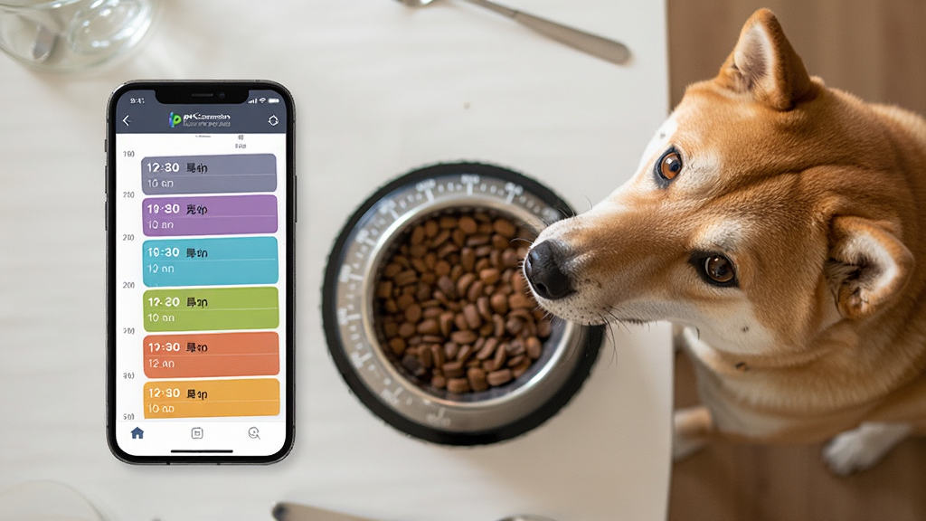 主体:一张清晰的餐桌俯视图,上面摆放着petCompanionR的手机界面截图,界面中展示了一个星期的时间表,每个时间点都标注了具体的克数,旁边是一只正在等待进食的柴犬。 布局:俯视角度,手机与宠物、食盆形成三角形构图,视觉效果稳定。 排版:时间表以不同颜色的色块区分早晚,清晰直观。 风格:写实摄影风格,浅景深效果,突出主体。 细节:食盆上的刻度线清晰可见,宠物眼神期待,画面温馨。 画质:高清,色彩自然,无多余元素。