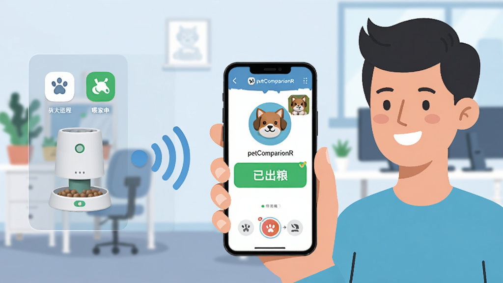 主体:宠物主人手持手机,面带微笑,手机屏幕上显示petCompanionR的远程操控界面,界面上有一个“已出粮”的绿色提示。背景是清晰的办公室环境。 布局:人物位于画面右侧,手机屏幕朝向镜头,左侧用半透明的信息图例展示从手机到家中喂食器的信号传输过程。 排版:界面图标大而直观,状态指示明确。 风格:现代扁平化插画风格,色彩清新明快。 细节:手机上的宠物头像与家中实景的小窗口,体现随时随地的连接感,画面干净。 画质:高分辨率,细节锐利,无多余元素。