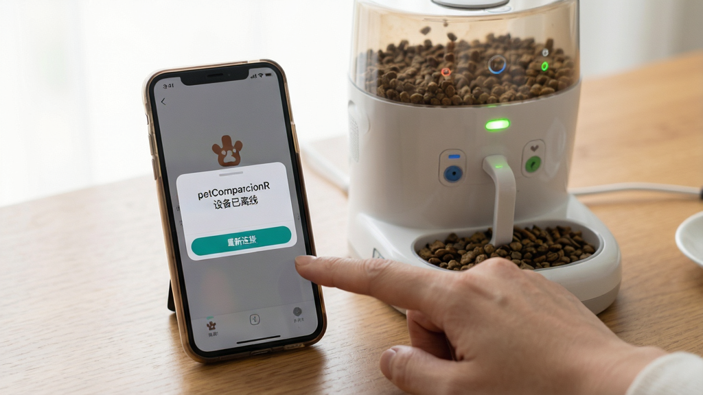 主体:一部手机和一台智能喂食器并排放在桌子上,手机屏幕上显示着petCompanionR的“设备已离线”提示页面,旁边有一个人正准备用手指点击“重新连接”按钮。 布局:平视角度,手机与喂食器距离较近,突出解决问题的场景感。 排版:手机端弹窗提示文字清晰可读。 风格:写实生活摄影风格,光线明亮柔和。 细节:喂食器指示灯亮起,画面传达出故障排除的临场感。 画质:清晰,干净,无多余元素。