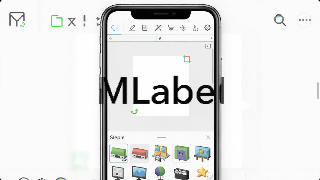一幅展示MLabel软件主界面的高清截图,主体为手机屏幕上的编辑界面,包含顶部工具栏、中间画布区域和底部素材库,布局清晰,采用浅色系UI设计,风格简洁现代,细节丰富,画质干净,无多余元素,图片上标注“MLabel”字样