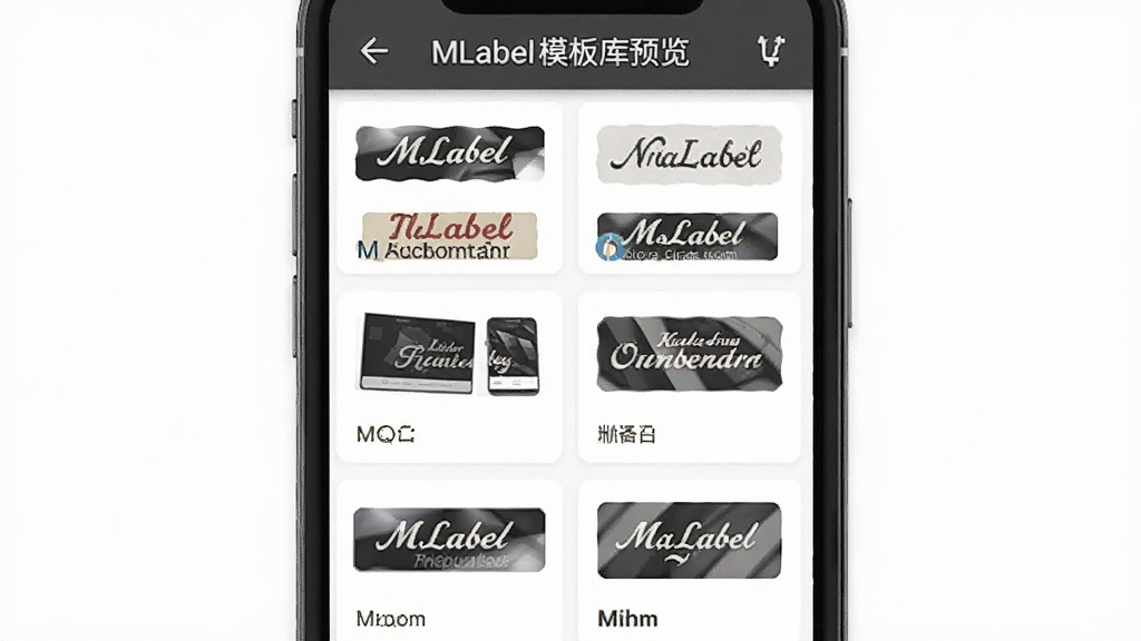 展示MLabel模板库界面的示意图,主体为手机屏幕上排列着多个标签模板缩略图,布局整齐,风格简洁,细节清晰,画质干净,图片上标注“MLabel”模板库预览