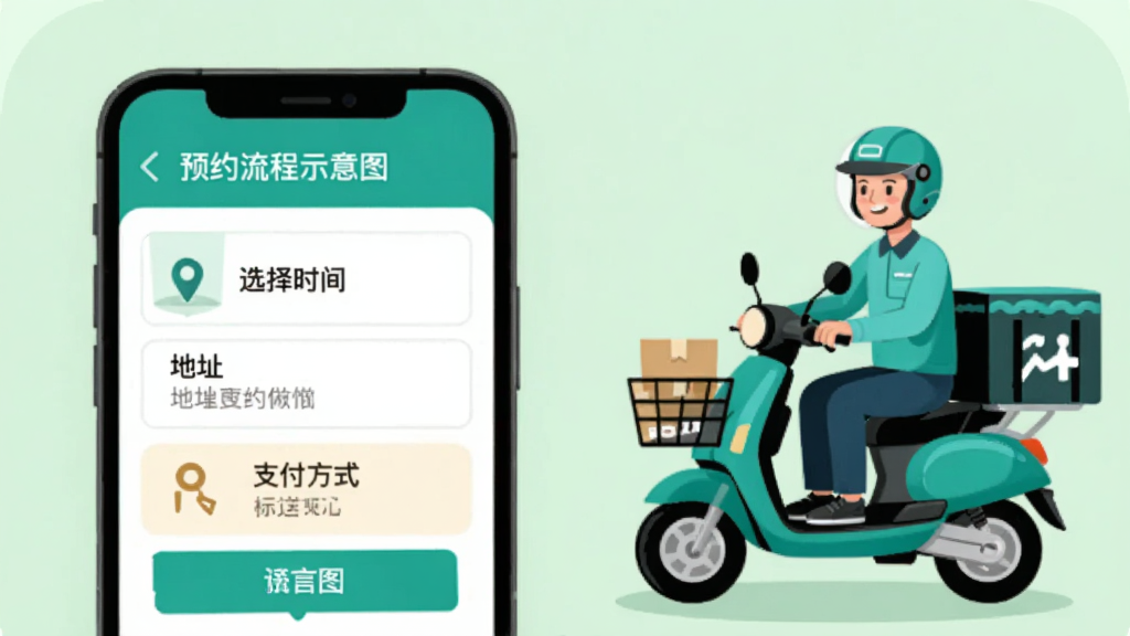 浣蜂管家预约流程示意图,手机界面显示选择时间、地址和支付方式,旁边有配送员骑电动车取件的插画,背景为淡绿色,简洁明快,重点突出