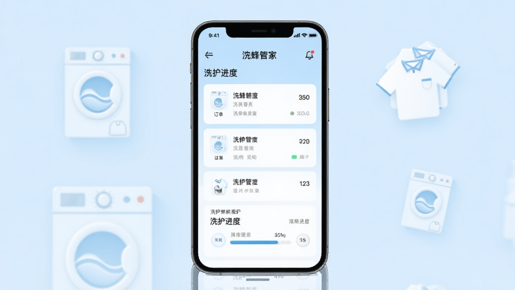 浣蜂管家APP主界面展示,手机屏幕中显示订单列表和洗护进度,背景为简约的浅蓝色调,带有洗衣机和衣物的图标元素,整体风格干净明亮,UI设计现代,画质高清,无多余元素
