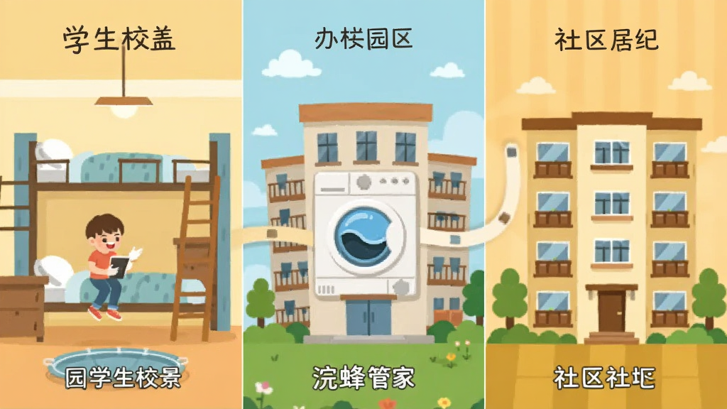 浣蜂管家覆盖校园、园区、社区多个场景的插画,画面分为三个板块,分别显示学生宿舍、办公楼和居民楼,中间以洗衣机图标连接,色调温暖,风格扁平化,清晰干净