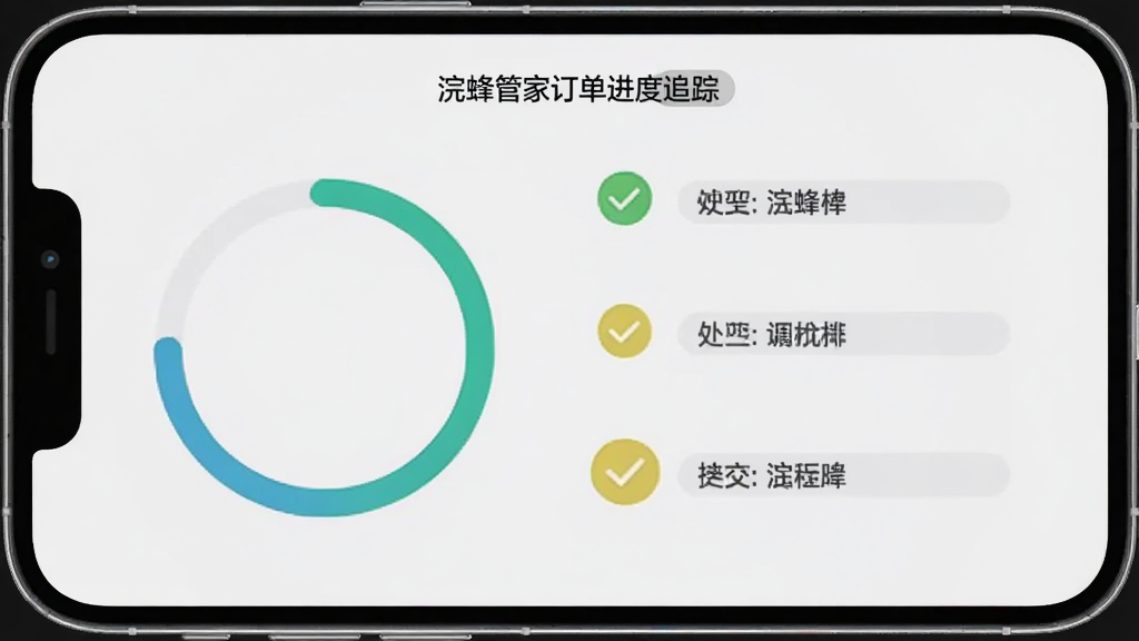 浣蜂管家订单进度追踪界面,手机屏幕上显示环形进度条和四个步骤图标,每一步有对勾和文字说明,背景为浅灰色,风格简约,信息清晰