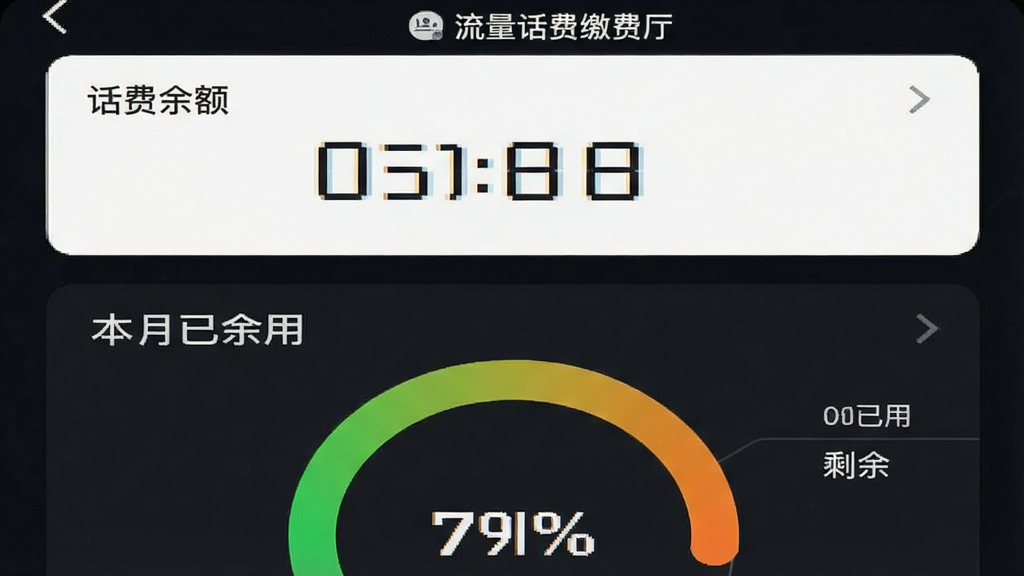 一张手机截屏风格的图片,主体是“流量话费缴费厅”的仪表盘界面,上半部分为话费余额数字,下半部分为流量使用百分比圆环,圆环颜色从绿色渐变至橙色,旁边标注“本月已用”和“剩余”文字,背景为深色模式,布局简洁,细节精致,画质清晰,干净无多余元素