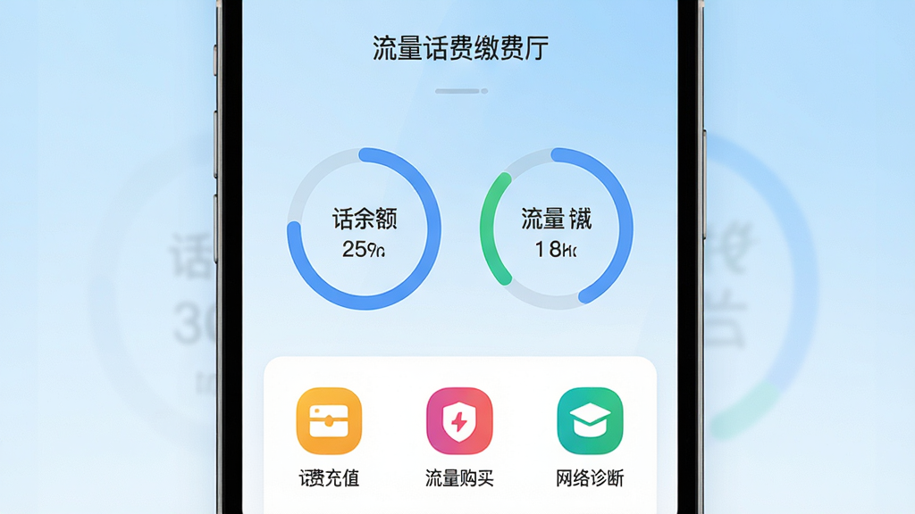 一幅现代简约风格的手机应用界面展示图,主体是“流量话费缴费厅”主屏幕,屏幕中央显示话费余额和流量余量的环形图表,下方排列着话费充值、流量购买、网络诊断等彩色图标,背景为浅蓝色渐变,整体排版干净清晰,细节丰富,画质高清,干净无多余元素
