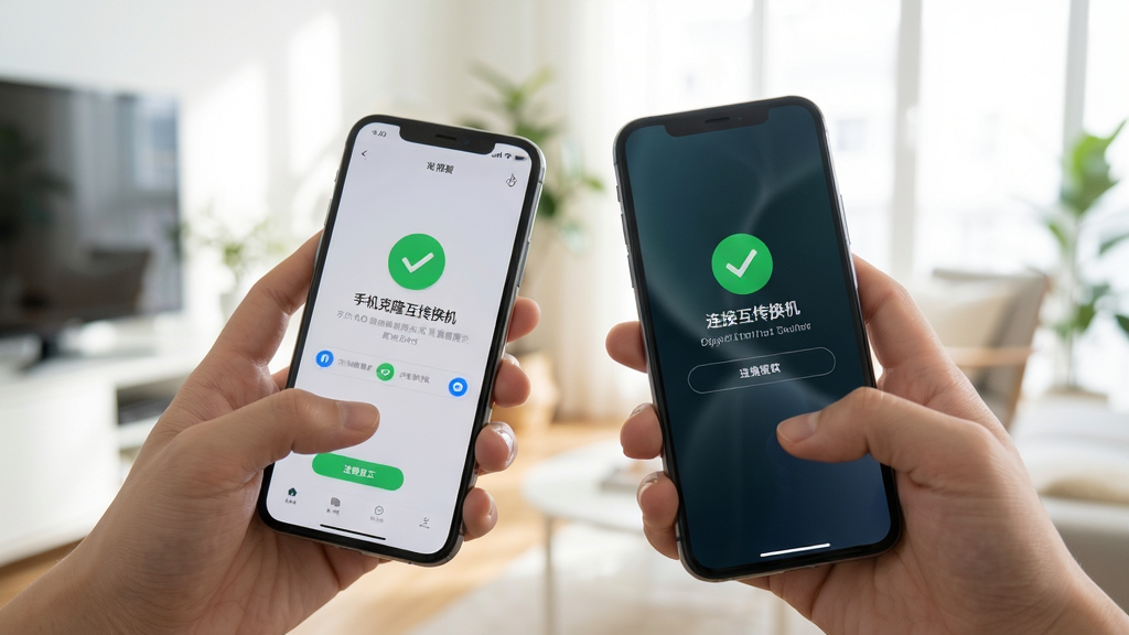 手机克隆互传换机 使用教程预览图,手部演示操作手机屏幕,显示连接成功界面,背景为明亮的室内环境,风格写实清晰,画质干净