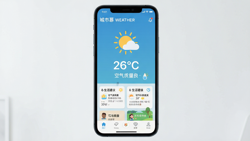 主体:智能手机屏幕展示墨菲天气应用界面,界面显示晴朗天气图标、温度26℃、空气质量良。布局:手机居中,界面清晰展示天气数据与生活建议卡片。排版:简洁明了,突出温度与天气图标。风格:现代扁平化设计,色彩清新明亮。细节:界面顶部显示城市名称,底部有功能导航栏。画质:高清,干净,无多余元素。