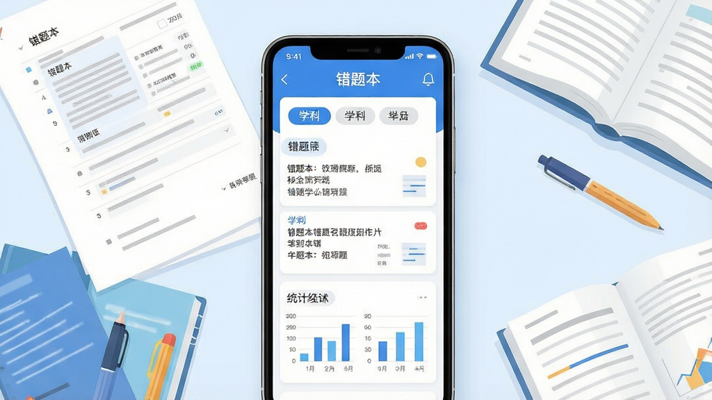 一张展示错题本软件核心界面的高清宣传图,主体为智能手机屏幕特写,屏幕上清晰显示“错题本”APP主界面,采用蓝白配色,界面整洁。画面布局以手机为中心,周围环绕着散落的试卷、课本和文具,营造出浓厚的学习氛围。排版采用居中构图,风格为现代扁平化插画,细节包括屏幕上的错题列表、学科分类标签和统计图表,画质清晰,画面干净,无多余元素。