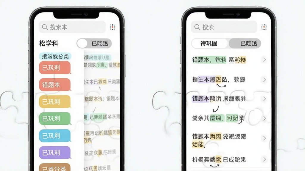 展示“错题本”软件搜索与分类功能的界面拼图,主体为手机屏幕,左侧显示按学科分类的彩色标签列表,右侧显示搜索结果列表。布局为上下拼接的两张手机截图,风格简约清新,细节包括顶部的搜索框、关键词高亮显示,以及“待巩固”、“已吃透”的切换按钮,画质干净,无多余元素。