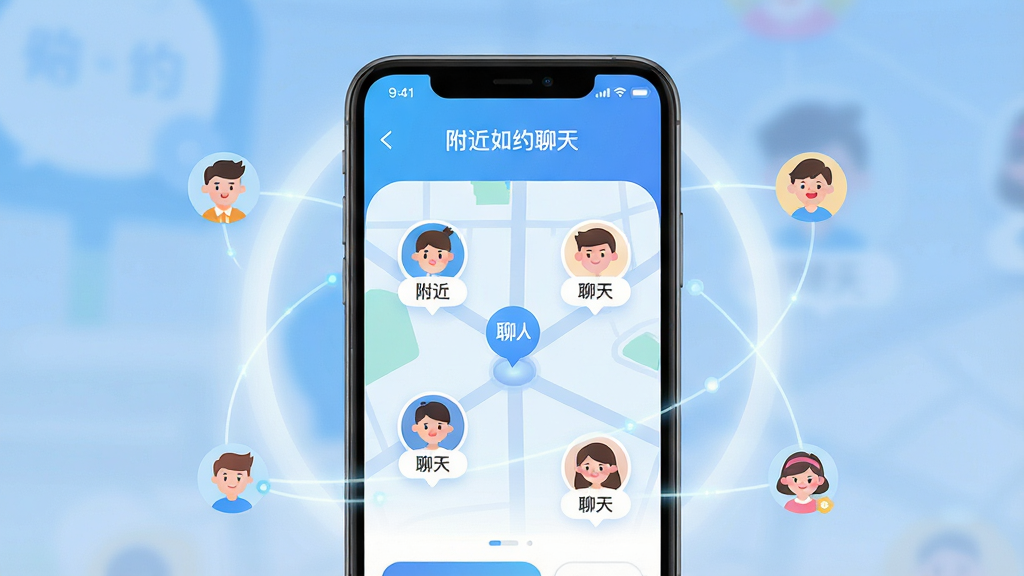 主体为一部亮屏的智能手机,屏幕显示“附近如约聊天”APP的界面,界面风格简约清新,主色调为蓝白渐变,有几位卡通人物头像分布在模拟地图上。布局为手机居中,周围环绕着柔和的光晕和连接线,象征着社交网络的建立。排版上,手机屏幕内容清晰可辨,突出“附近”与“聊天”主题。风格现代扁平化,细节处理精致,画质高清干净,无多余元素,图片中文字为“附近如约聊天”。
